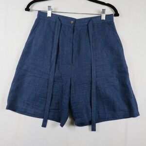 Chelsea Cambell Womens Blue Linen Blend Wide Leg Cropped Tie Waist Shorts Small